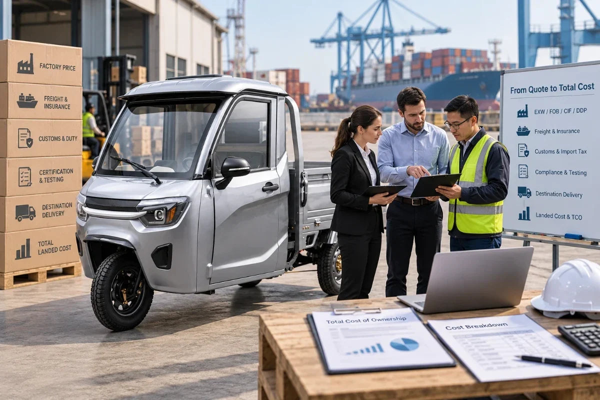 Electric cargo tricycle importers reviewing landed cost, freight, customs, compliance and total cost of ownership