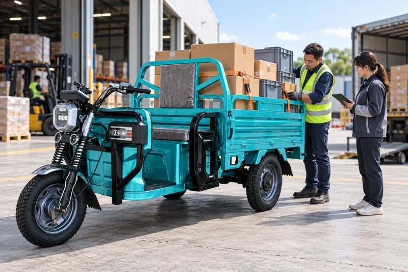 Electric cargo tricycle payload and cargo body evaluation with boxes and fleet procurement team