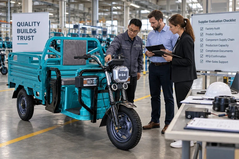 Electric cargo tricycle supplier factory audit with procurement team reviewing vehicle quality and RFQ checklist