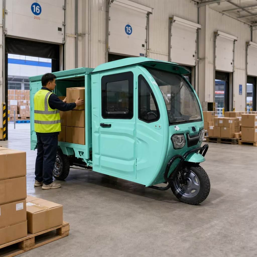 3 Wheels Electric Cargo Tricycle 1200w 72v Closed Hard Steel Cargo Box Lockable Door Car Style Cab 400kg Payload 30-50km/h For