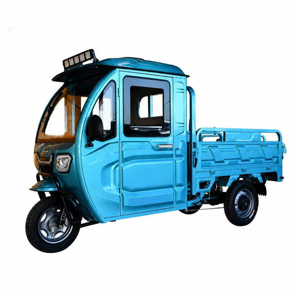 Electric Cargo Tricycle 3 Wheels 1000w 60v Enclosed Cab Open Flatbed Low Rails Roof Led Light Bar For Farm Adults