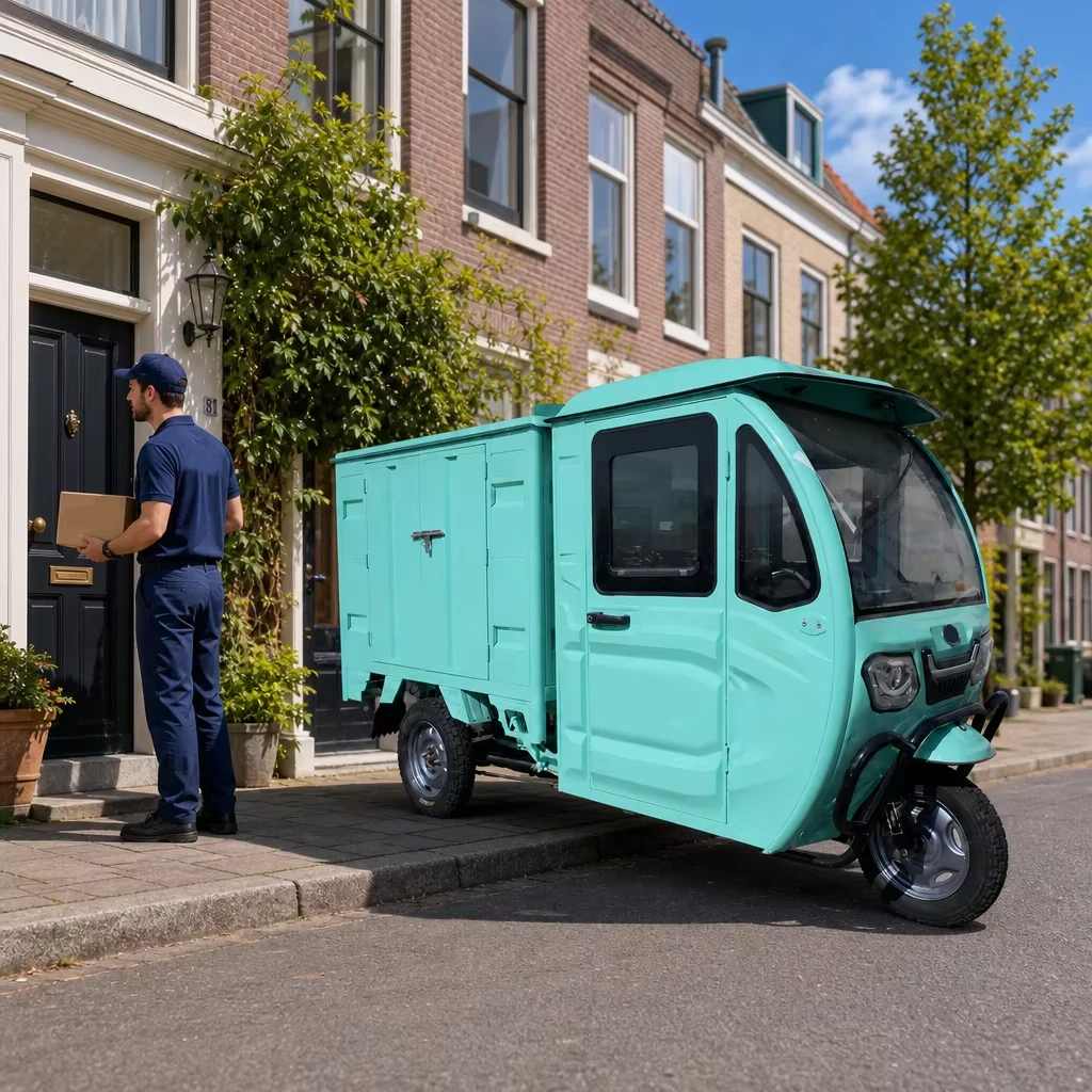 Electric Cargo Tricycle 3 Wheels >1000w 60v Enclosed Cargo Box 400kg+ Lockable Rear Door Car Style Cab For Last Mile Delivery